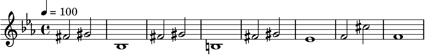 \version "2.20.0"
\score {
  <<
    \new Staff {
        \set Staff.midiInstrument = "oboe"
        \time 4/4
        \tempo 4 = 100
        \key c \minor

        fis'2 gis' bes1
        fis'2 gis' b1
        fis'2 gis' ees'1
        f'2 cis'' f'1


  }
  >>

  \midi {}
  \layout {}
}