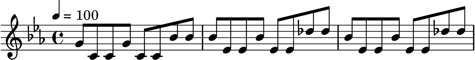 \version "2.20.0"
% pattern = { g'8 c'16 c'16 c'8 g'8 r16 c'16 c'16 c'16 bes'8 bes'8 }
pattern = { g'8 c'8 c'8 g'8 c'8 c'8 bes'8 bes'8 }
\score {
  <<
    \new Staff {
        \set Staff.midiInstrument = "celesta"
        \time 4/4
        \tempo 4 = 100
        \key c \minor

        \pattern
        \transpose c ees { \pattern }
        \transpose c ees { \pattern }
  }
  >>

  \midi {}
  \layout {}
}